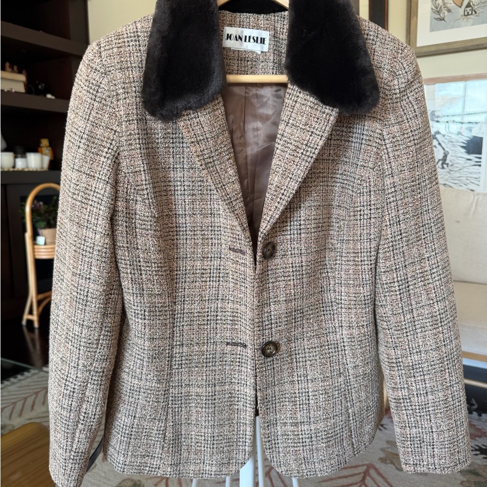 Jan Leslie Tan Plaid Blazer with Black Faux Fur Collar
